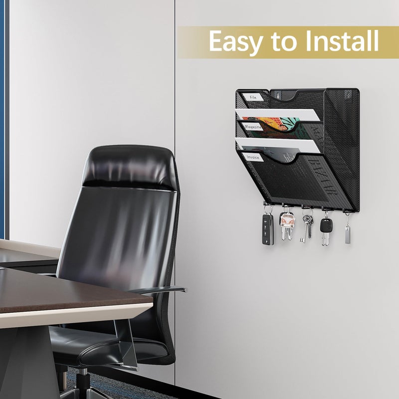 EasyPAG 3 Pocket Mesh Wall File Organizer with Key Hooks, Hanging Paper Folder Holder with Classify Label, Vertical Wall Mount Mail Organizer for Office Home Classroom, Black - Image 5